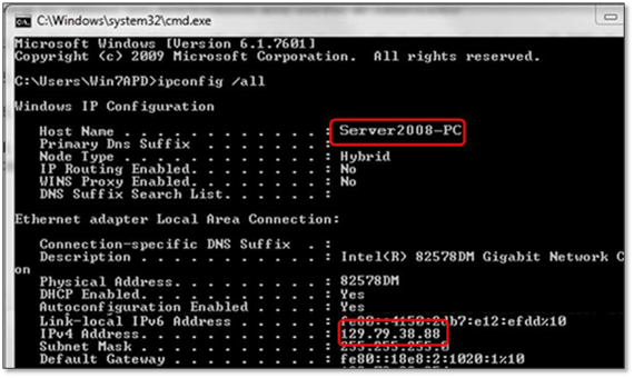 Finding the IP address and computer name of the server - screenshot