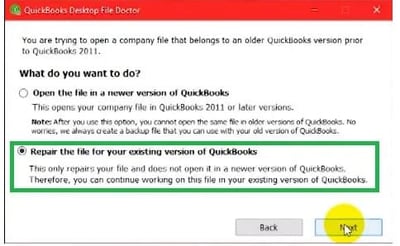 Repair existing version of quickbooks file