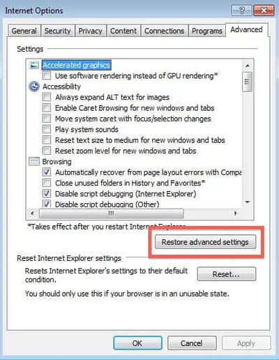 Restore advanced internet settings