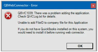 QBWC1039-Unable-to-add-FileID-to-company-file-for-this-Application-Screenshot-Image