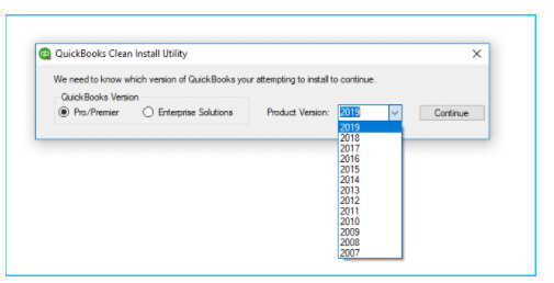 QuickBooks Desktop Version that was previously installed and click Continue