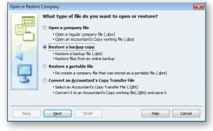 QuickBooks for Windows go to File - Open or Restore Company