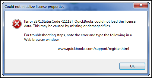 Quickbooks Error 3371 Status Code -11118 - Quickbooks could not load the license data
