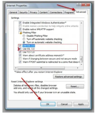 check the SSL 2.0 and SSL3.0 boxes