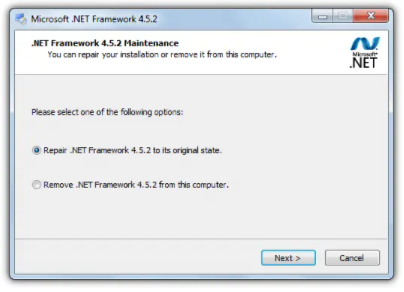 Microsoft .Net Framework 4.5.2 Maintenance >> Repair .NET Framework 4.5.2 to its original state