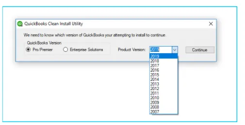 QuickBooks Desktop Version that was previously installed and click Continue