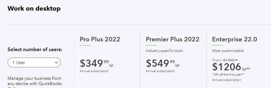 Pricing Table QuickBooks 2022 Pro Plus, Premier Plus, Enterprise 22.0 1 User