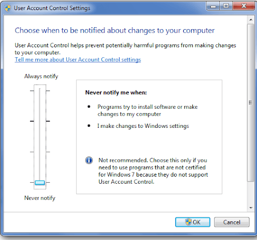 Disable Windows' UAC.