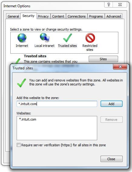 Add Intuit and QuickBooks to Trusted Sites in Internet Explorer