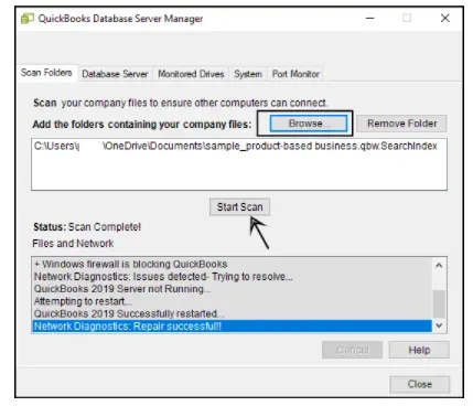 navigate to the company file's location and click Start scan
